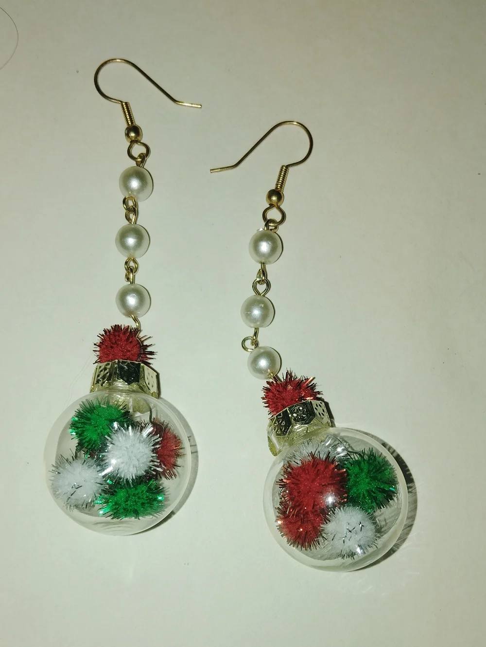Handmade Pearl Drop Earrings with Red, Green & White Festive Balls Ornaments
